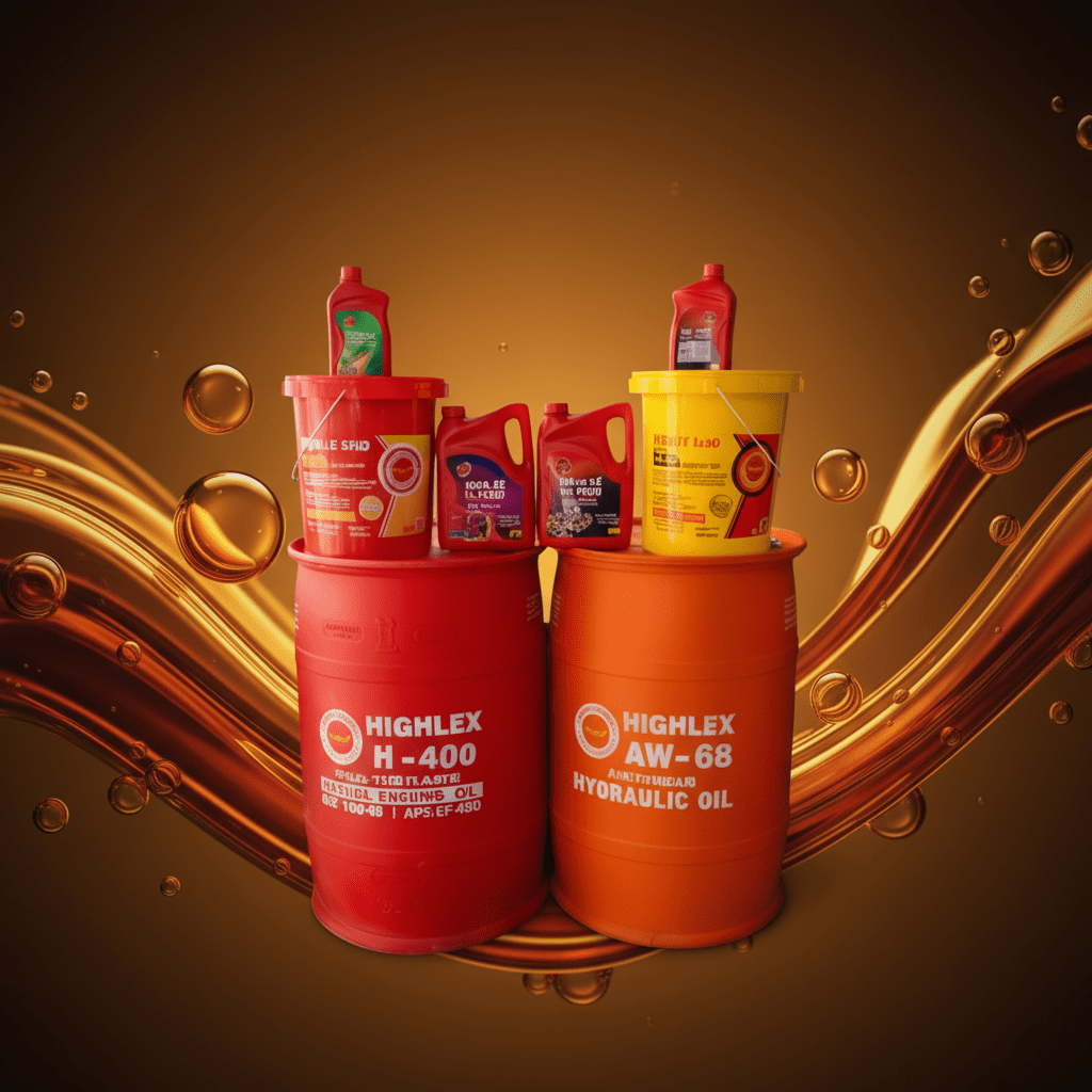 Highlex Engine Oil and lubricant product family showcased with bottle and pail