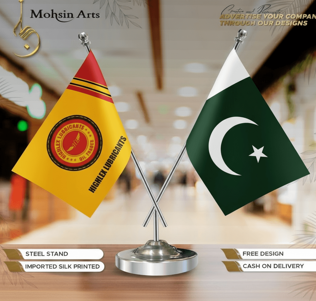 Highlex Lubricants branded desk flags for promotional display