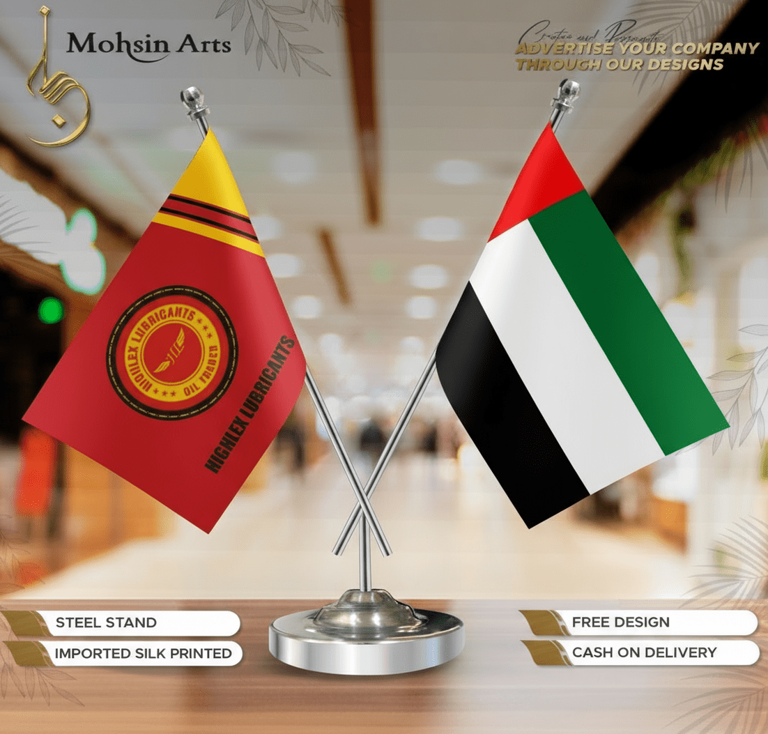 Highlex Lubricants branded desk flags for promotional display